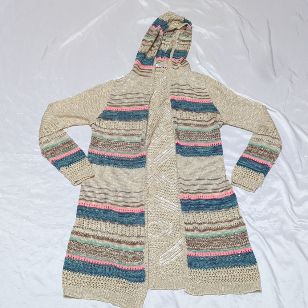 Jolt Beachy Boho Open Knit Long Line Hooded Open Front Cardigan